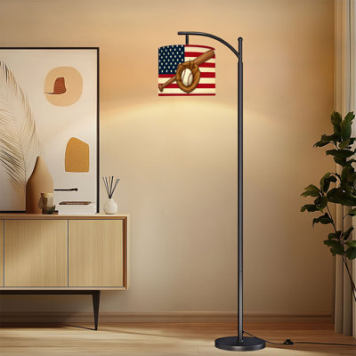 Lampe sur pied à arc avec abat-jour réglable Baseball Glove Ball Bat American Flag Lampe sur pied 3 températures d'intensité à intensité variable avec interrupteur au pied pour la chambre à coucher
