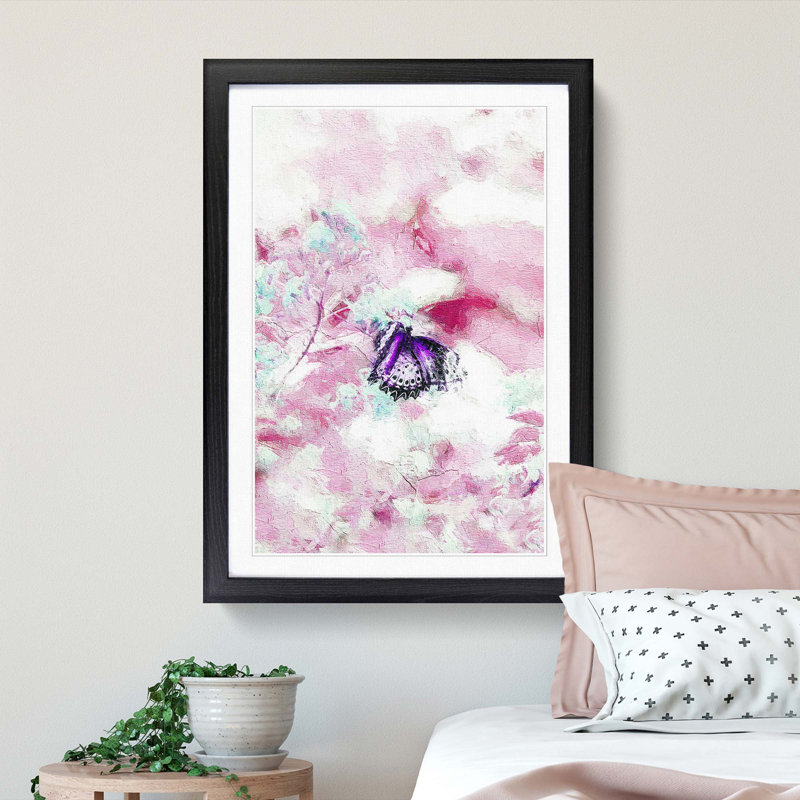 A Butterfly Upon A Flower In Abstract - Single Picture Frame Painting, 63cm H x 45cm W x 2cm D, Black Framed