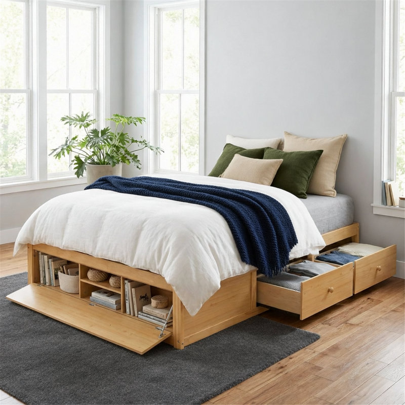 Platform Bed Frame With 4 Storage Drawers And Footboard Storage, Natural