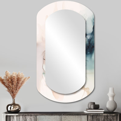 Vert et crème Essence of Modernity IV - miroir mural unique cylindrique en marbre, miroir asymétrique moderne, impression d'art en métal