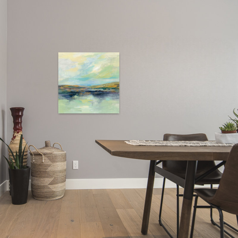Champ contemporain doré au bord de la rivière avec art abstrait bleu, H 24 po x l 24 po