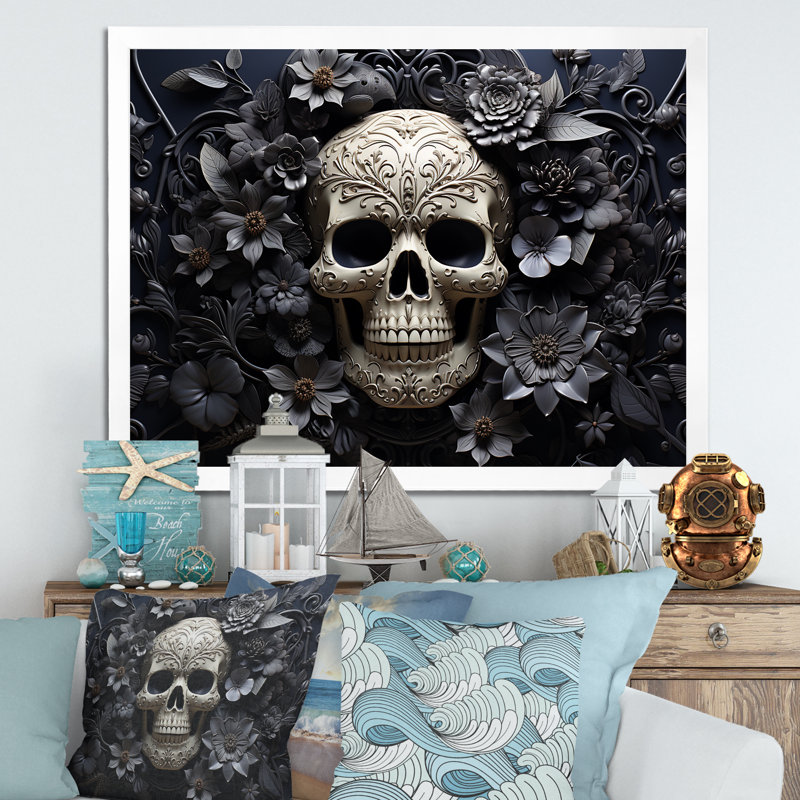 Crâne et os croisés - pirate, art mural, Cadre de coin blanc fermé, H 34 po x l 44 po x P 1,5 po