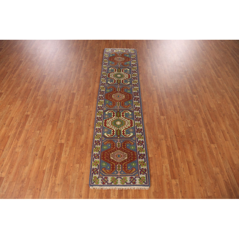 Tapis de couloir indien bleu à motif géométrique traditionnel 2x10