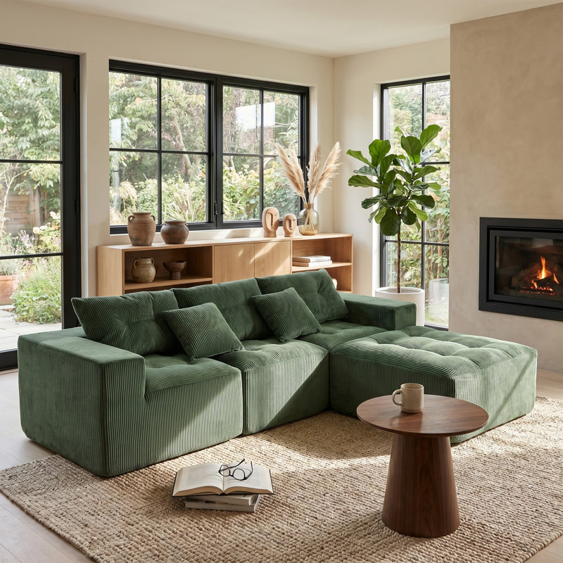101″L-shaped Boneless Chenille Upholstered Sofa No Assembly, Green