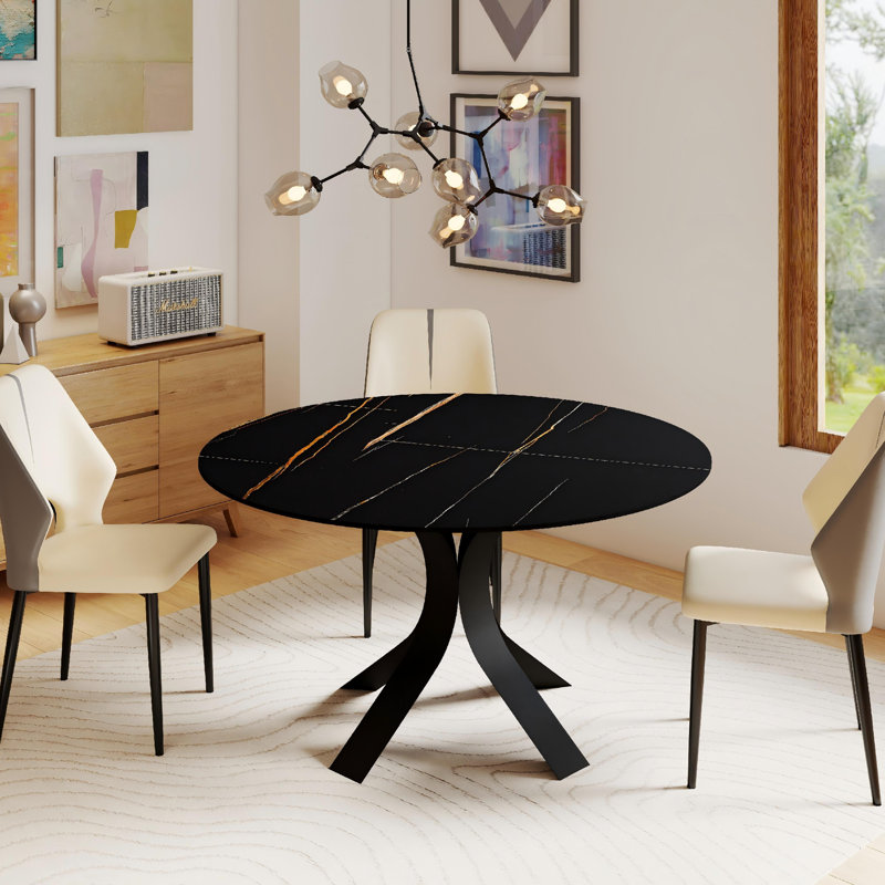 Modern Round Sintered Stone Dining Table, 29.53"H x 53.15"L x 53.15"W, Black, Black