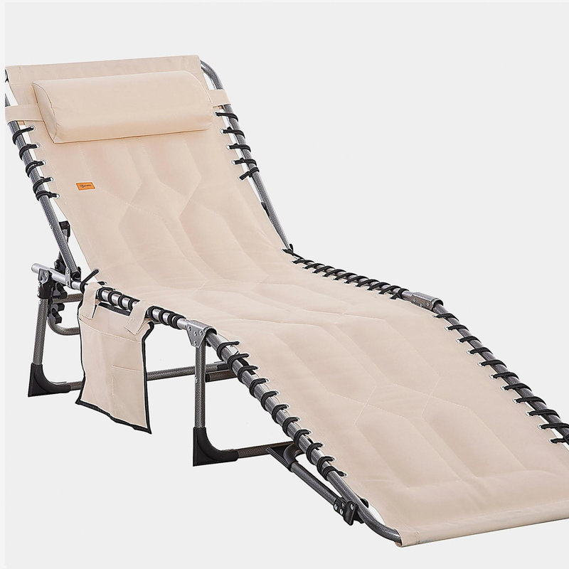 Outsunny Padded Folding Chaise Lounge Chair, Outdoor 6-Level Reclining Camping Tanning Chair with Headrest for Beach, Yard, Patio, Pool, Gray
