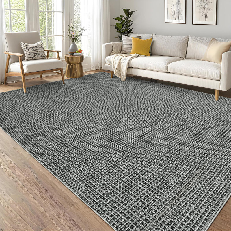 9'x12' Soft Plaid Washable Area Rug, Ultra-Thin Modern Stain Resistant Carpet for Home Office, Dark Grey, Gray