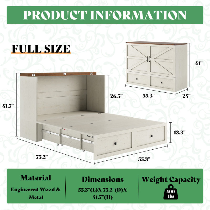 Wilkinson Farmhouse Full Murphy Bed with Large Storage Drawer & Charging Station, White, Full / Double, White/Brown