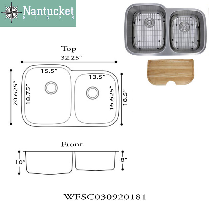 32.25'' L Double Bowl Stainless Steel Kitchen Sink