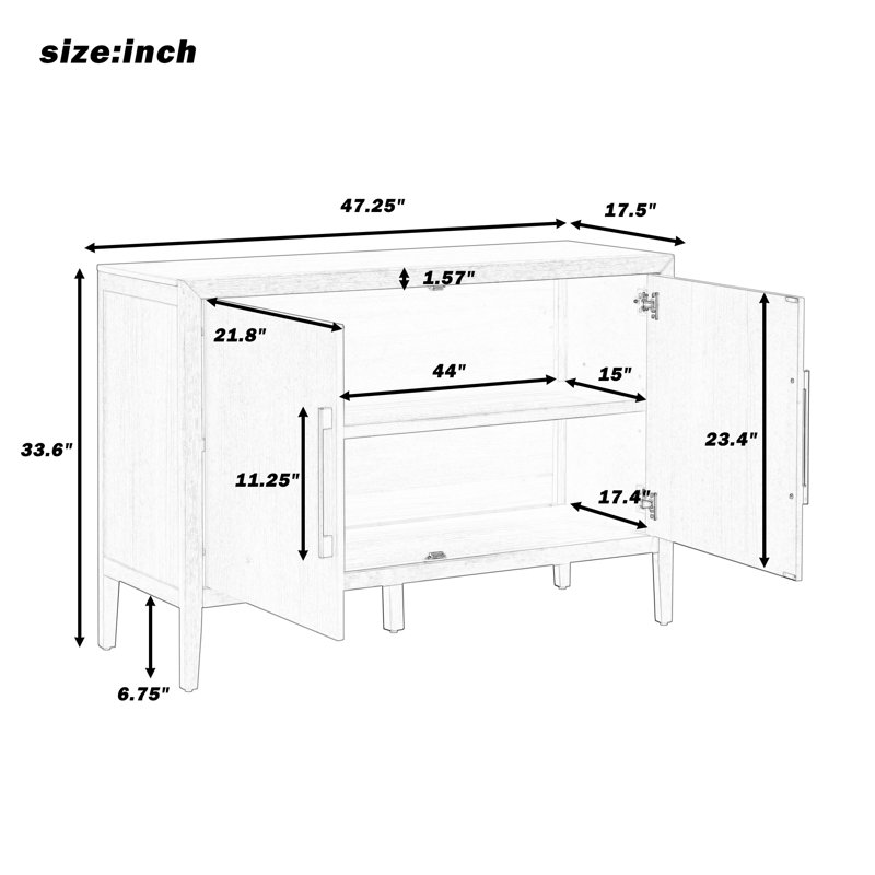 Sideboard With 2 Metal Handles, 2 Doors And Wood Grain Design, Dark Brown