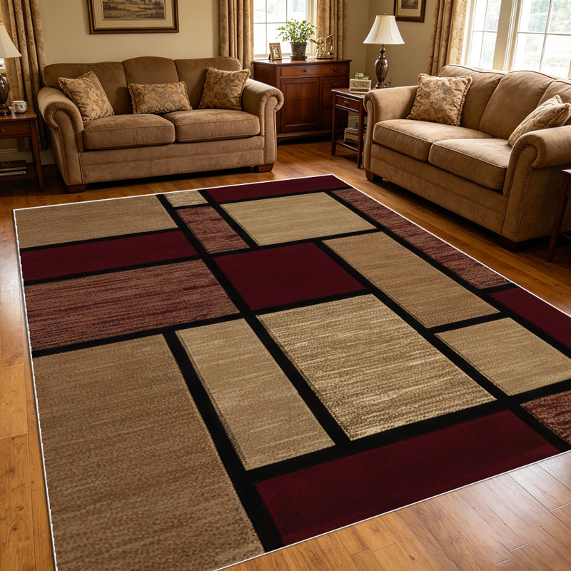 1PC Geometric Burgundy Tan Wood Grain Patchwork area rugs for Living Room, Soft and Comfortable, Suitable for all seasons, easy-to-maintain, machine washable Indoor floor mat, Under Table Farmhouse suitable for Dining Room, Entryway, Bedroom, Home