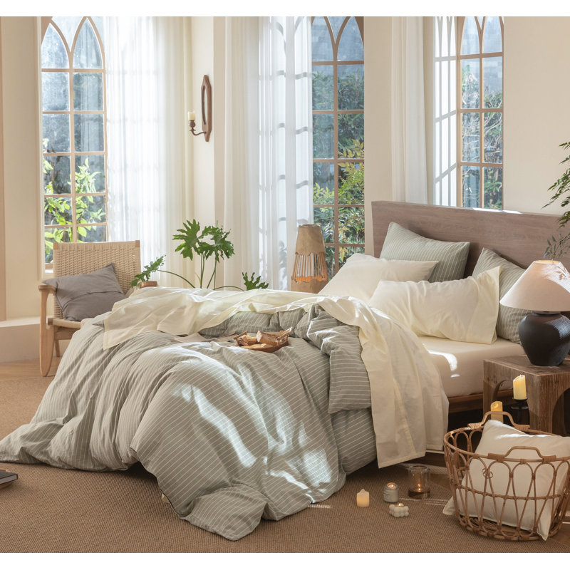 Ensemble de draps MooMee, Ensemble de draps pour grand lit avec 2 taies d'or, Blanc, crème