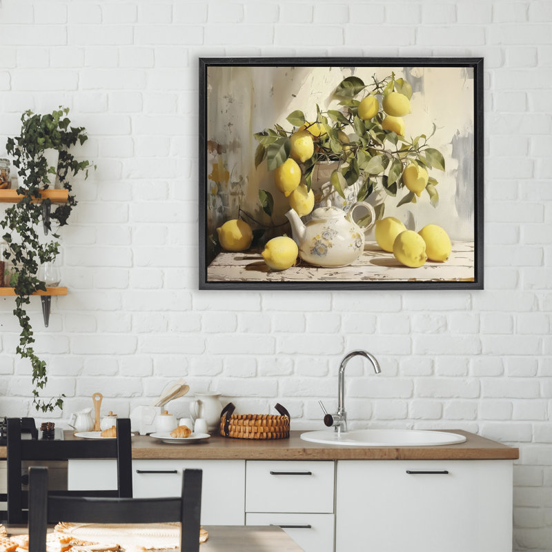 Cadre flottant Lemon Still Life avec théière, design par LSR Design Studio, 25 x 31, Jet Black Floater Framed