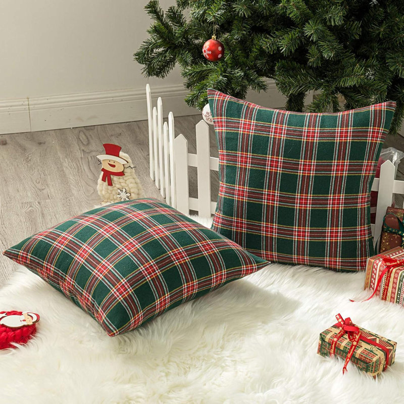 Set of 2 Green Red Plaid Christmas Pillow Covers