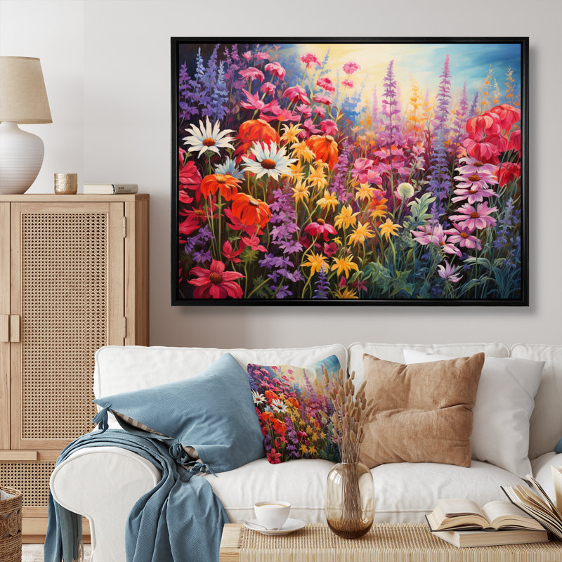 Fleurs sauvages dans un jardin de couleurs, reproduction sur toile, 24" H x 32" W, Cadre flottant noir