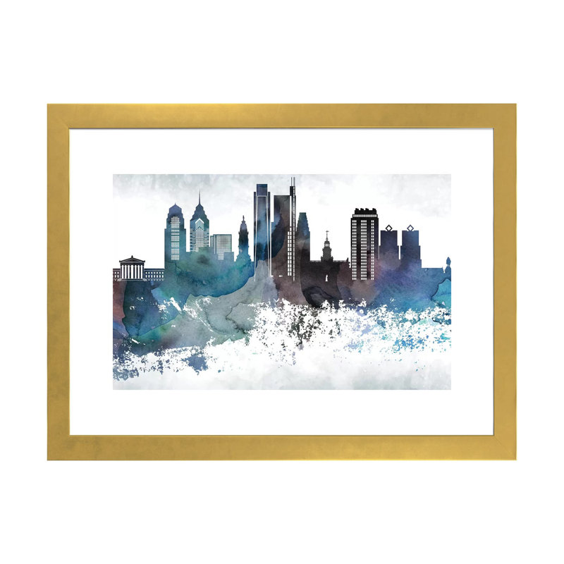 Philadelphia Bluish Skylines - impression d'art graphique, H 24 po x l 32 po x P 1 po, Papier encadré doré, Blanc