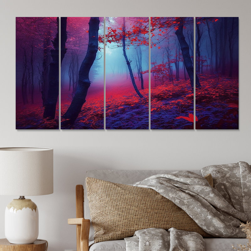 Coucher de soleil brillant, arbres brumeux, forêt d'automne I, impression d'art sur toile - 5 panneaux égaux