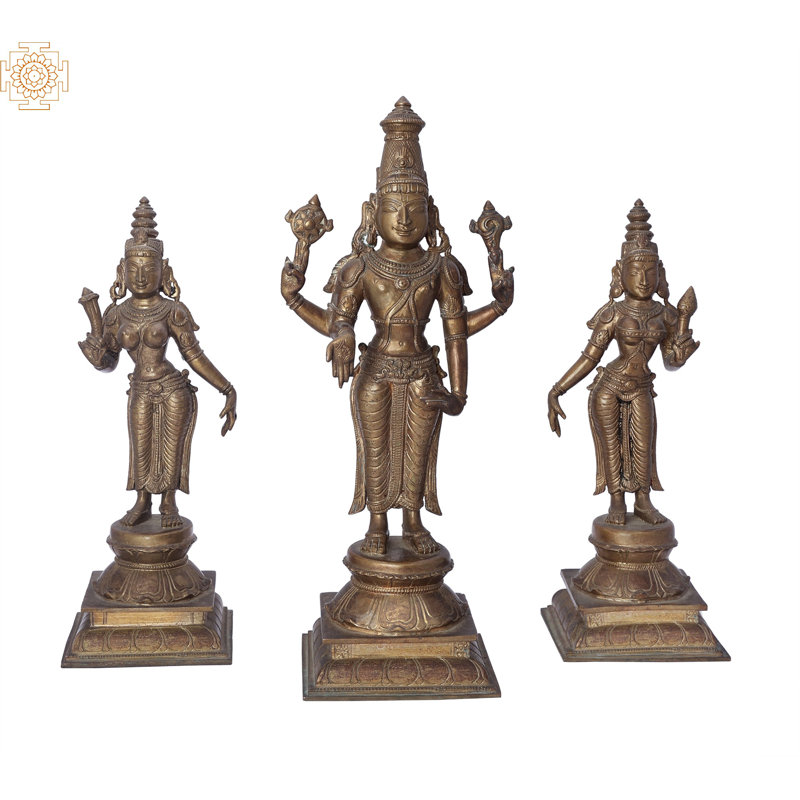 Perumal 12 "avec sri Devi et Bhu Devi - ensemble de bronze Panchaloha fait à la main, cire perdue Madhuchista Vidhana, traditionnel Swamimalai