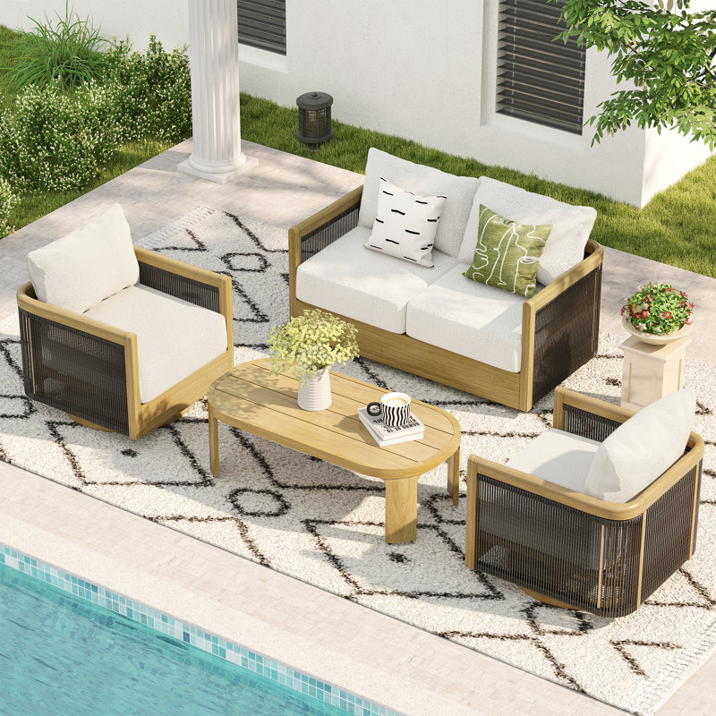 Bludov 4-Piece Natural Wood Grain Aluminum Hand-Woven Rope Patio Conversation Set With Swivel Chairs, Beige Cushions And Coffee Table