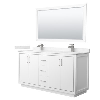 Meuble-lavabo double de 66 po Icon en bleu foncé, comptoir en marbre de culture de Carrare, lavabos carrés encastrés, garniture en nickel brossé et miroir de 58 po en marbre de culture