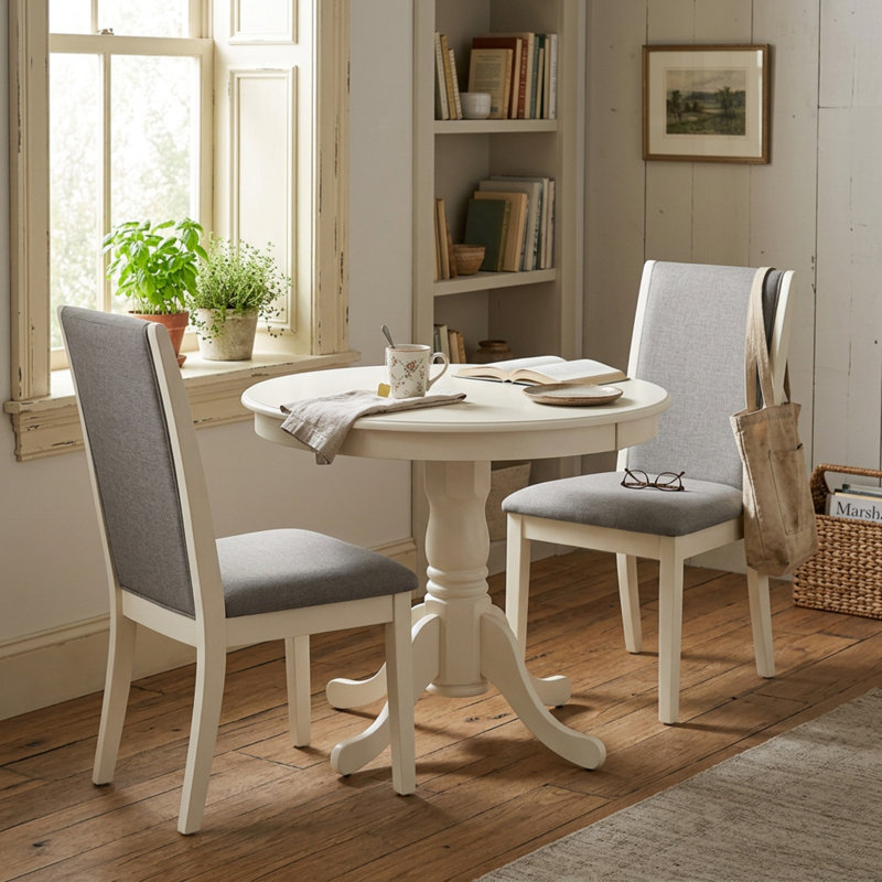 Ensemble de cuisine 3 pièces en bois d'hévéa asiatique blanc lin avec piédestal rond et 2 chaises Parson rembourrées en tissu lin Shitake pour petits espaces