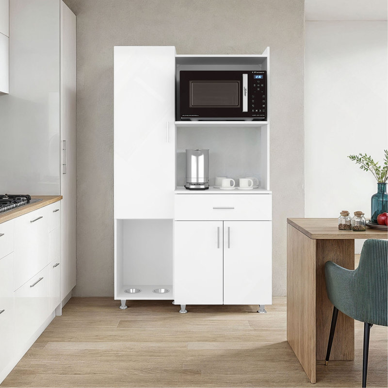 Armoire de cuisine avec tablette à micro-ondes, tiroir et compartiments ouverts
