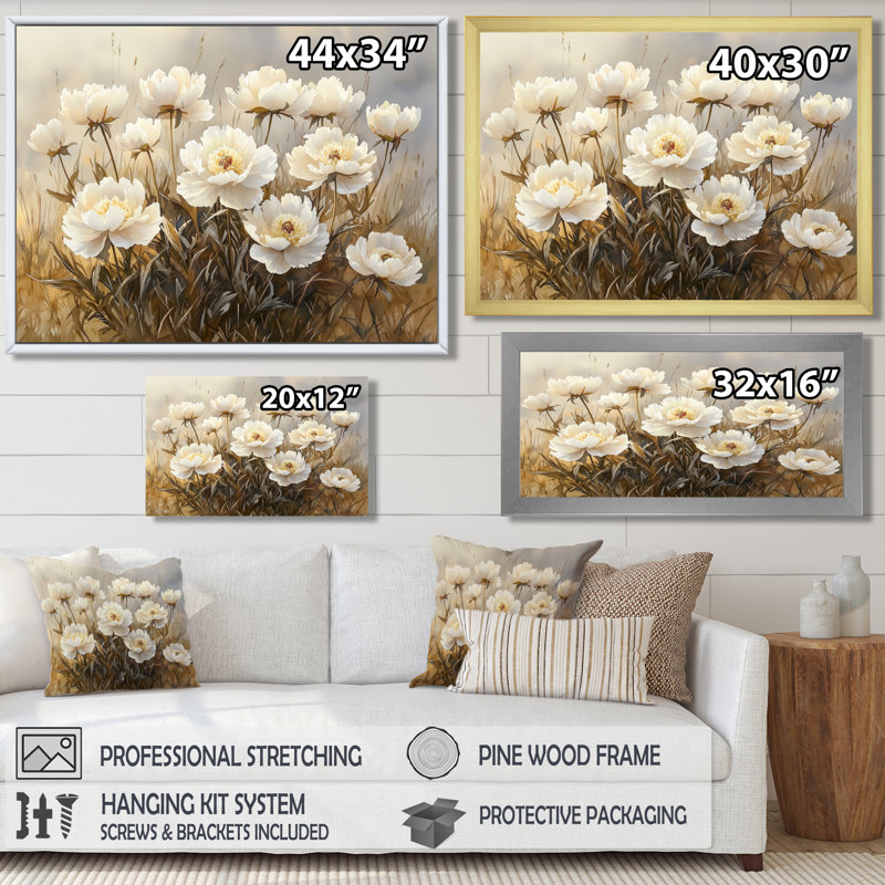 Drishti pivoines dans la brume de basse-cour II - pivoines, art mural large, H 12 po x l 20 po, Toile tendue