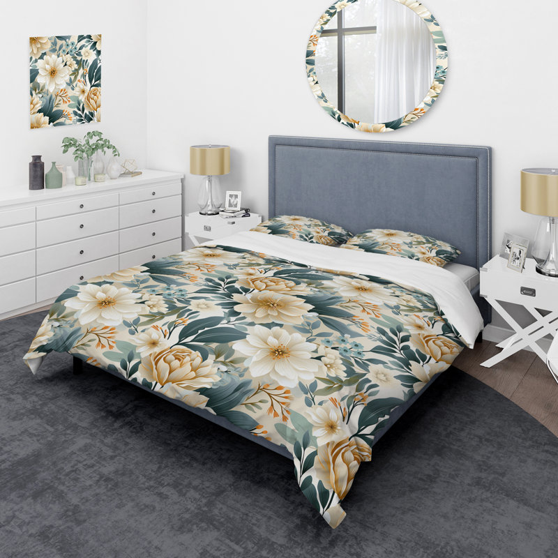 Motif bohème bleu et blanc fleurs de chrysanthème - ensemble de housse de couette floral - microfibre de polyester