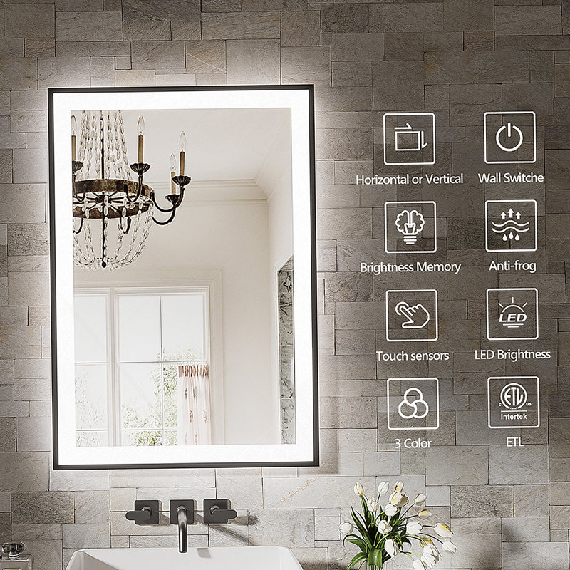 Miroir de salle de bain 55 "à DEL sans cadre 55", miroir intelligent, 30 po x 55 po, Black/Clear Frameless