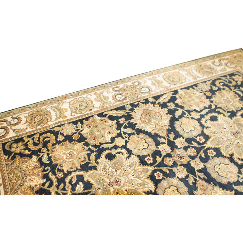 Hand Knotted Wool Oriental Area Rug in Black And Ivory