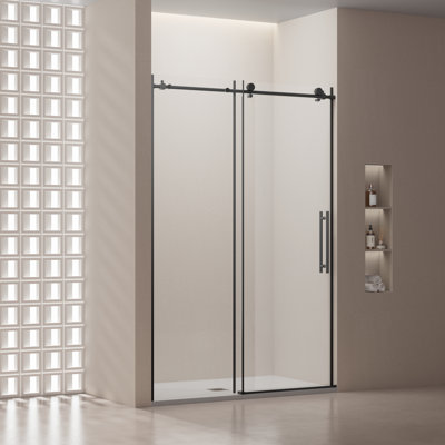Monblari Frameless Single Sliding Shower Door, 55-60" W X 76" H, 3/8" (10Mm) Thick SGCC Tempered Glass With Explosion-Proof Film, Reversible Hinged Design, Stainless Steel Hardware