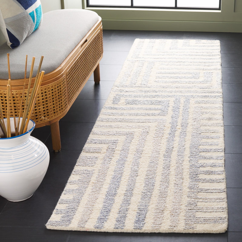 Nedin Hand Tufted Pet Yarn/Wool/Cotton Striped Rug in Blue/Ivory, Runner 2'3" x 8'