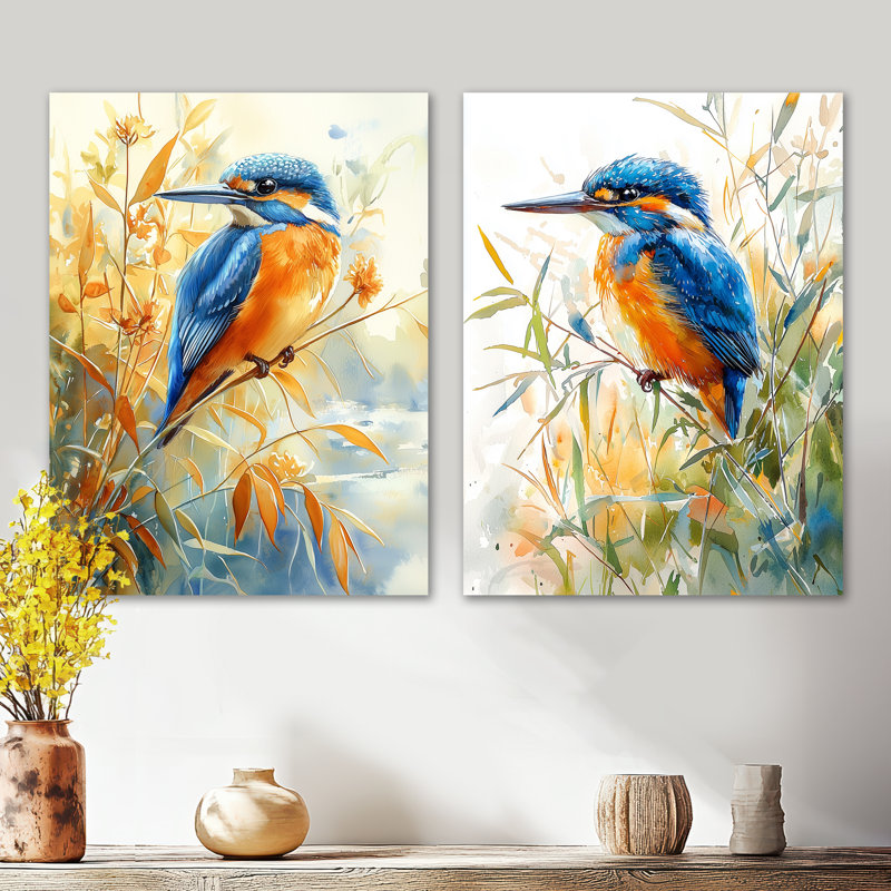Martin-pêcheur bleu dans les roseaux Bird I - oiseaux, ensemble de 2 décorations murales en métal, 32" H x 48" W