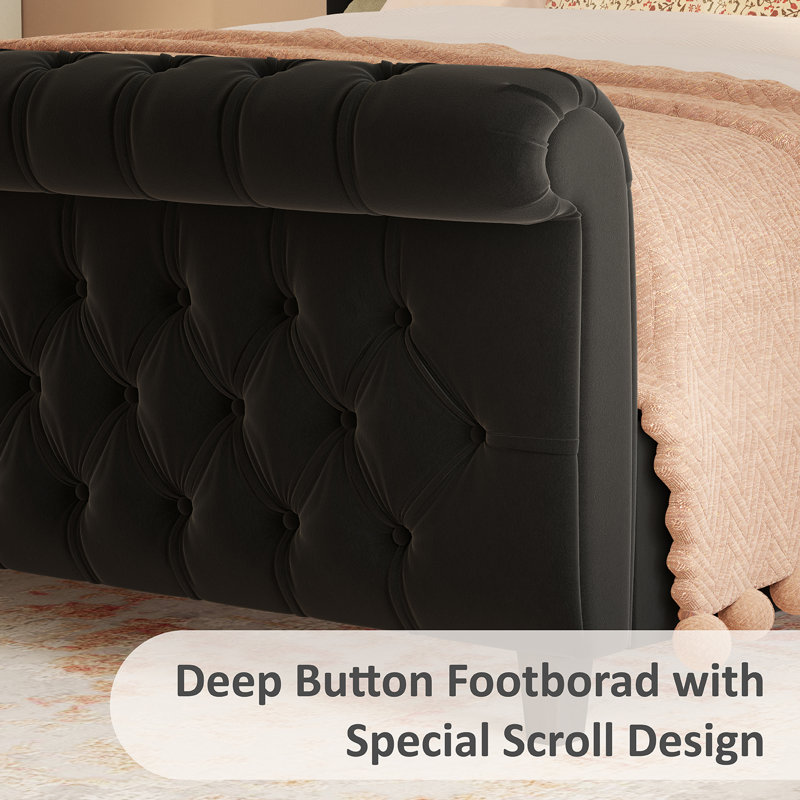 Queen Size Black Velvet Upholstered Tufted Sleigh Bed Frame