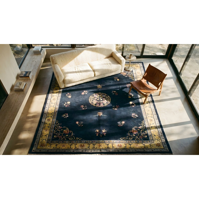 Rectangle 1920s Antique Wool Blue Hand Knotted Pile Large Rug