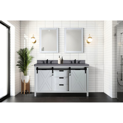 White Double Bath Vanity 60" W X 22" D With Grey Quartz Countertop And Faucet - Stylish Bathroom Ample Space Featuring Scratch & Stain Soft Close Design