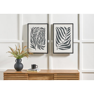 S/2 Black Leaf Print Canvases - 2 Piece Single Picture Frame Set on Canvas
