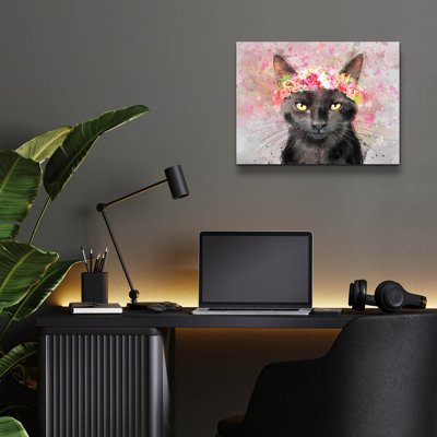 Art mural en verre épique «Flower Crown Black Cat» par Furbaby Affiliates