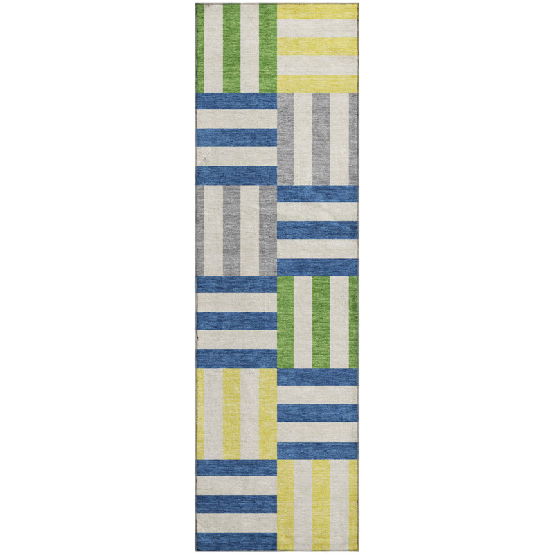 Premium Machine Washable Mayfield AMF2332 Geometric Rug, Blue, 2'3" x 7'6" Runner