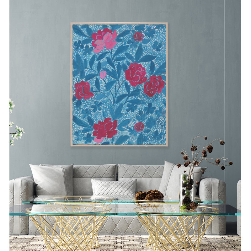 Floral Blue Print by Paule Marrot, 54" H x 43" W x 1.25" D, Black Framed