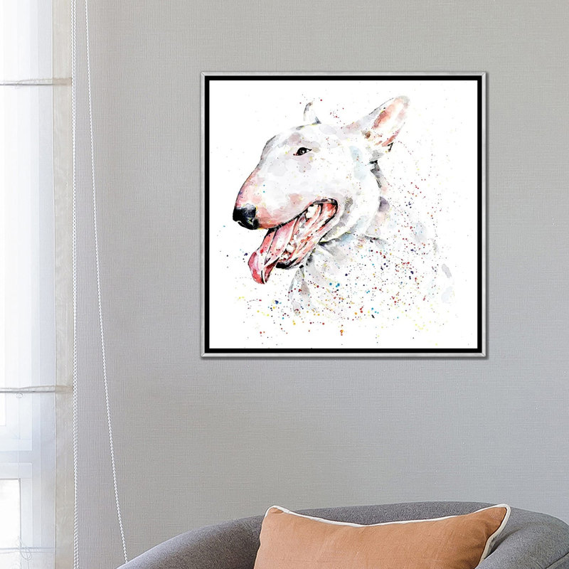 Bull terrier blanc par Edwatercolours-impression, Toile avec cadre argenté, Pas de tapis, H 26 po x l 26 po x P 1,5 po