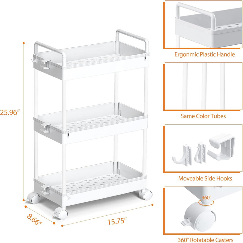 Chariot de rangement sur roulettes 3 niveaux, Blanc