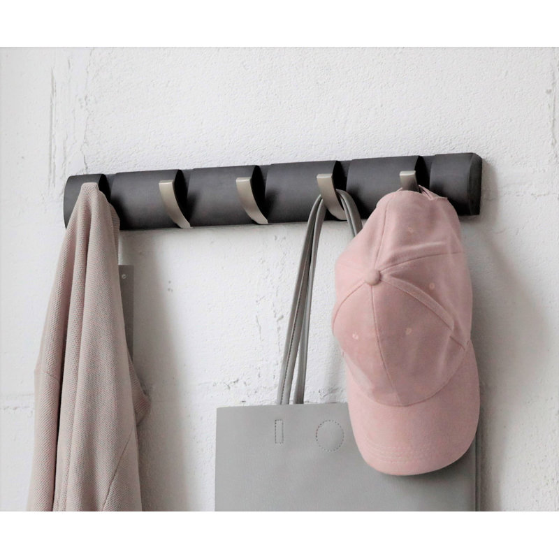 Sleek Driftwood & Nickel 5-Hook Retractable Wall Coat Rack