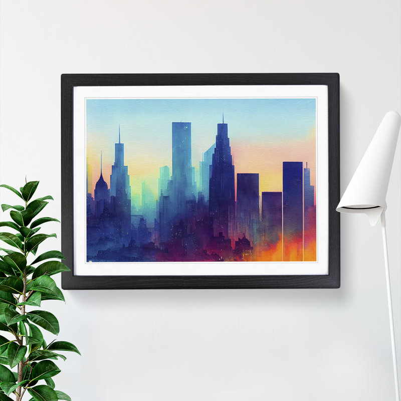 Watercolour City Skyline Vol.4 Abstract - Single Picture Frame Painting, Black Framed, 46cm H x 64cm W x 2cm D