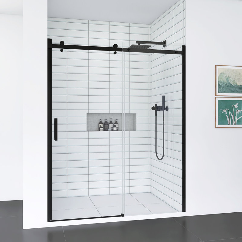 Double porte de douche coulissante en verre trempé avec poignée en acier inoxydable, Noir mat
