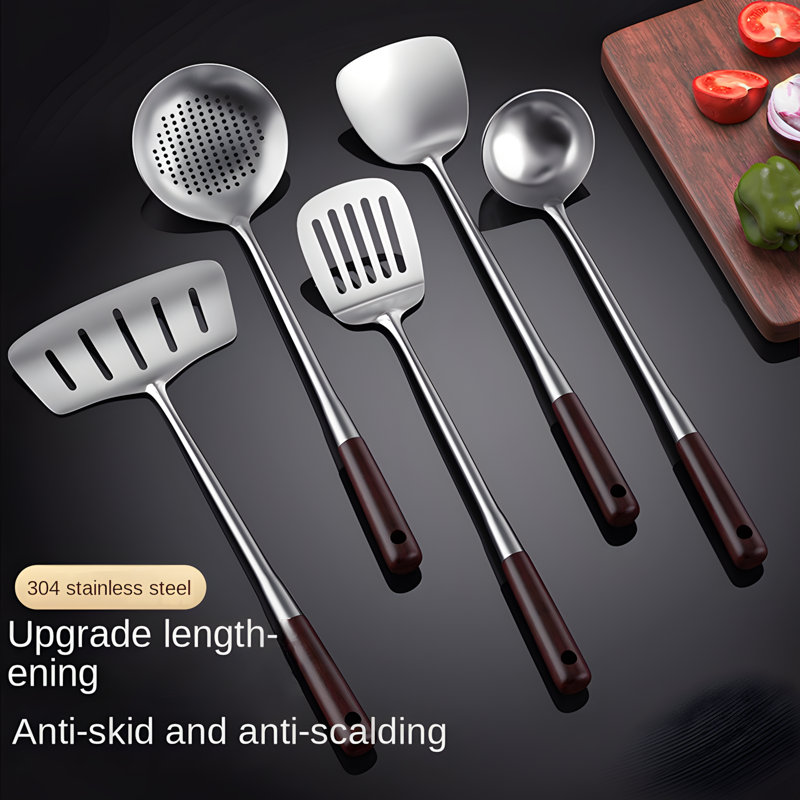Premium 304 Stainless Steel Kitchen Utensil Set With Extended Handle For Cooking, Stirring, And Serving