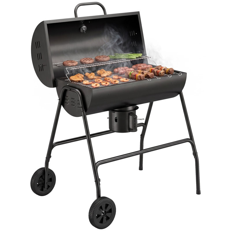 Barbecue au charbon ABTSalon avec grille-réchaud et thermomètre, barbecue portatif avec couvercle, cendrier et roues