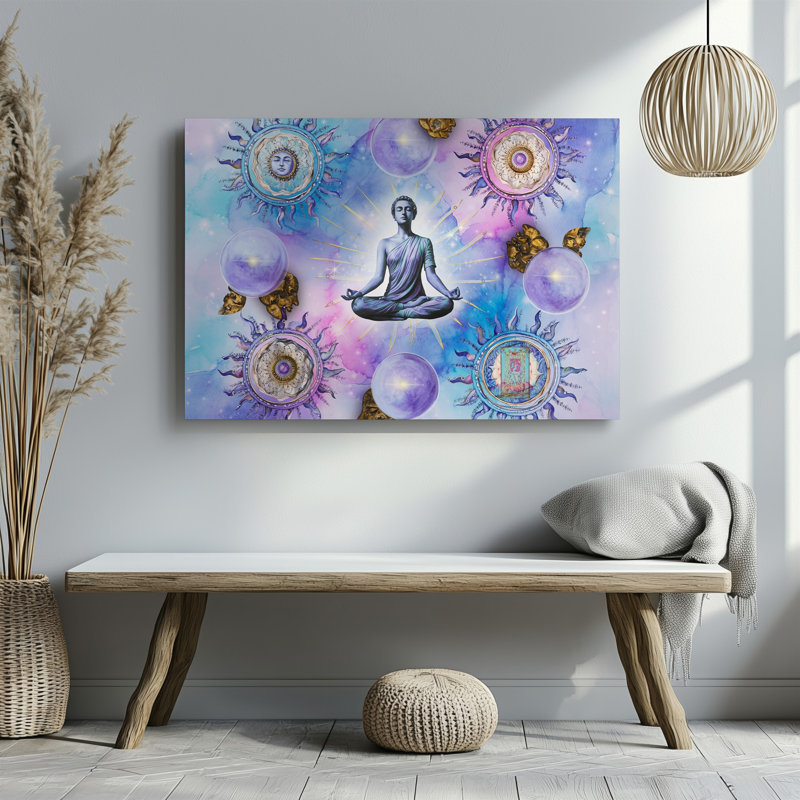 La toile crée un collage vibrant qui incarne la Spiritualité et le Mysticisme, mettant en vedette un tableau d'images éthérées incluant une toile