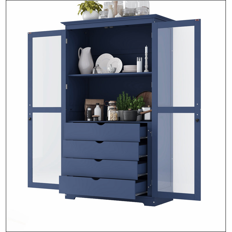 Garde-manger autoportant avec portes en verre et 4 tiroirs, armoire de rangement en bois de pin durable pour l'organisation à la maison