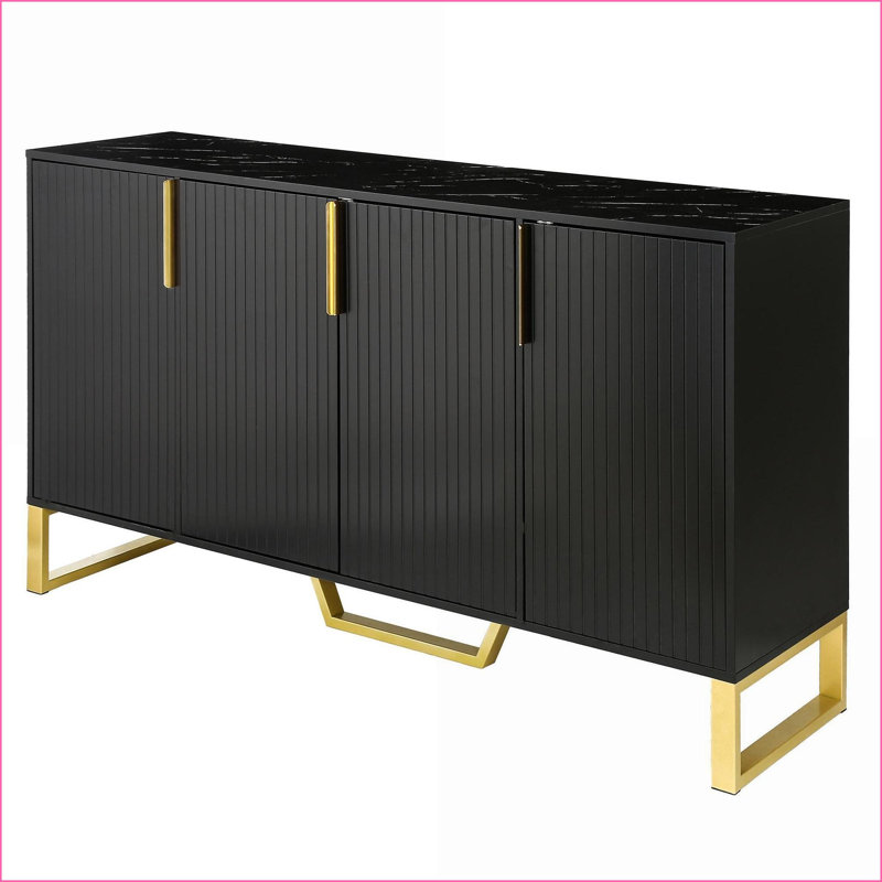 Buffet noir moderne de luxe avec 4 portes, tablettes réglables et amp; Accents métalliques | Panneau de particules, panneau de fibres à densité moyenne